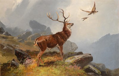 Lot 2047 - Clarence Henry Roe (1850-1909) Stag in a highland landscape with bird of prey Signed, oil on...
