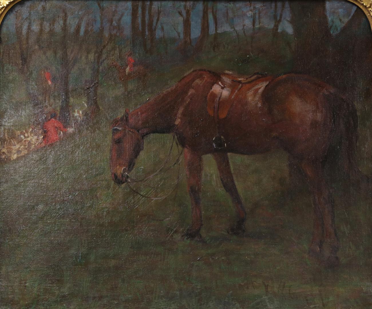 Lot 2049 - Follower of William Joseph Shayer (1811-1891) Hunting scene with dismounted horse  Oil on...