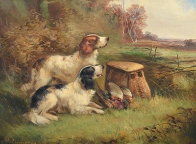 Lot 2054 - Robert Cleminson (fl.1864-1903) Landscape with hunting dogs Signed, oil on canvas, 28.5cm by 39.5cm