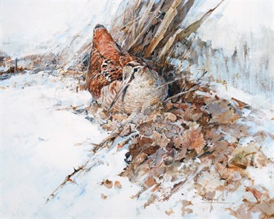 Lot 2060 - Alan B. Hayman (b.1947) Nesting Snipe in winter landscape Signed and dated (19)93, oil on...