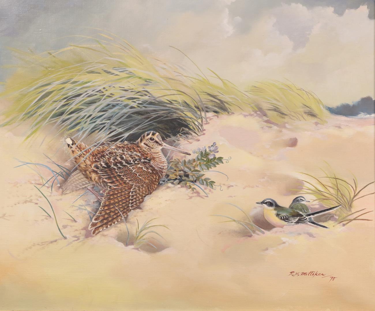 Lot 2061 - Robert Milliken (b.1920) Irish  Woodcock and Wagtail  Signed and dated (19)75, oil on canvas,...