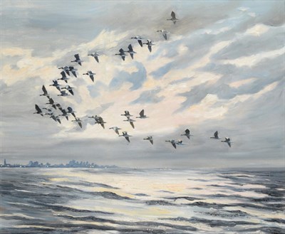 Lot 2063 - Hugh Monahan (1914-1970) Canadian Brent Geese at dusk, North Wootton, Norfolk Signed and...
