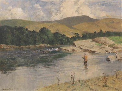 Lot 2066 - Norman Wilkinson CBE PPRI (1878-1971) Fishing on the River Orchy Signed, oil on canvas, 59.5cm...