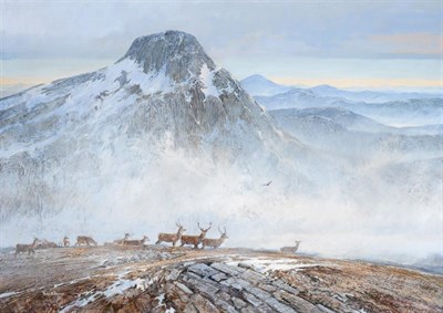 Lot 2070 - Alan B. Hayman (b.1947) Stags and deer with mountainous backdrop Signed and dated (19)92, oil...
