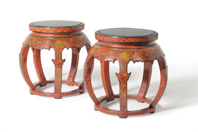 Lot 1319 - A Pair of 19th Century Chinese Red Painted Jardinière Stands, with circular green marble tops, the