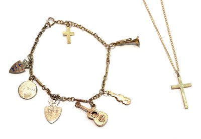 Lot 214 - A figaro link charm bracelet, length 18.5cm; and a 9 carat gold cross pendant on chain, pendant...