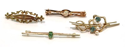 Lot 240 - A 9 carat gold diamond set bar brooch, length 4cm; an opal bar brooch, stamped '9CT'', length...