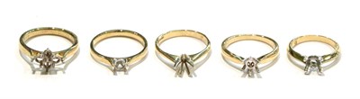 Lot 241 - Five 18 carat gold vacant ring mounts, various finger sizes