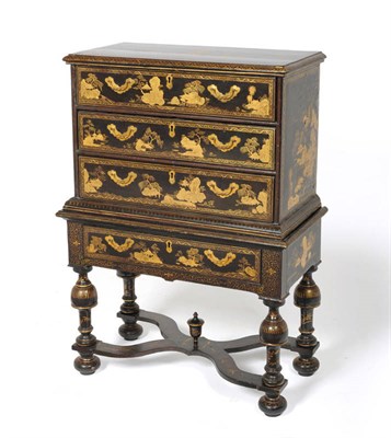 Lot 1324 - A Chinese Export Black Lacquered and Gilt Painted Chest on Stand, circa 1800, the top and...