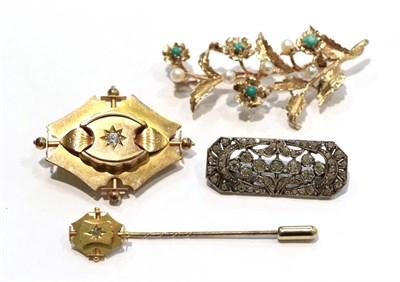 Lot 260 - A old cut diamond set brooch and pin to match, unmarked; a paste set panel brooch, unmarked;...