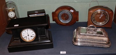 Lot 277 - Wall clock, four assorted mantel clocks, barometer, pair silver plated entree dishes