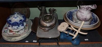 Lot 280 - Quantity of Victorian china, meat plates, kitchen scales and weights; together with assorted...