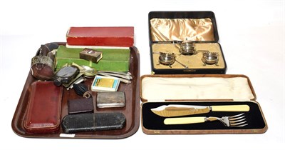 Lot 300 - A cased set, three silver salts, silver cigarette case, two silver shield shaped medals, Ronson...