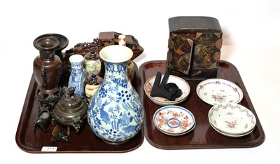 Lot 315 - Chinese carved soapstone junk; two pairs of Satsuma small vases; two Chinese blue and white...