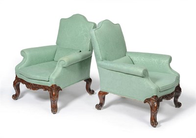 Lot 1330 - A Pair of Georgian Style Walnut Library Armchairs, mid 19th century, with padded back support,...