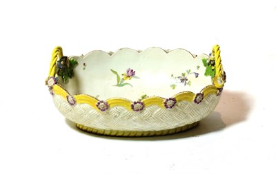 Lot 327 - A Derby porcelain oval basket, circa 1760, with twin handles, painted exotic birds in landscape and