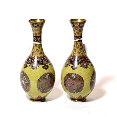 Lot 333 - A pair of Japanese cloisonne enamel yellow ground vases and stands