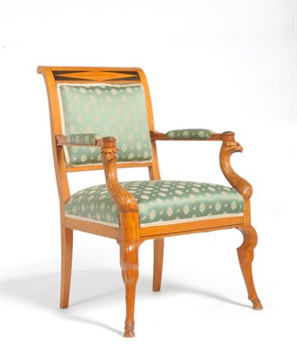 Lot 1332 - A North European Satinwood and Ebonised Open Armchair, late 19th century, with padded back support