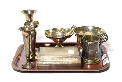 Lot 340 - Silver twin-handled bowl; a silver pedestal dish; silver gilt christening mug; three silver...