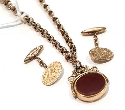 Lot 341 - A 9 carat gold watch fob and yellow metal chain together with a pair of 9 carat gold cufflinks