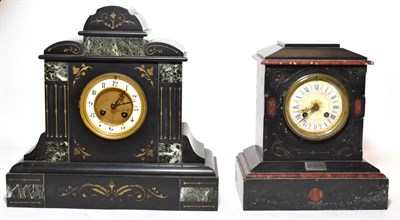 Lot 359 - Two Victorian black slate and marble striking mantel clocks