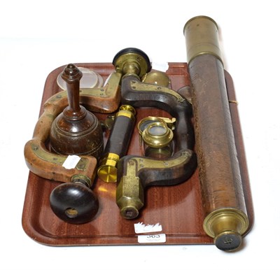 Lot 363 - Two 19th century braces; two folding rules; a mallet; two balance scales; a brass single drawer...