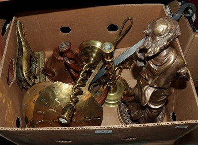 Lot 392 - A bronzed figure, together with copper and brassware (one box)