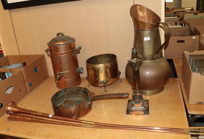 Lot 404 - Copper pan, lamp, two hunting horns, jug etc