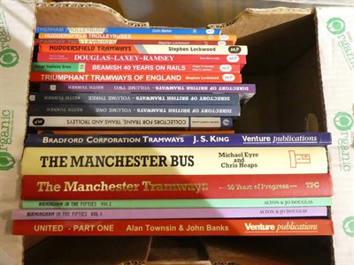 Lot 408 - A box of Transport related books (trams, buses) etc. and a small box of ladybird books