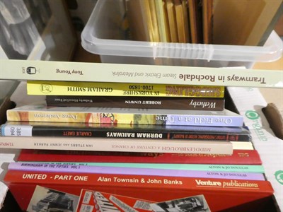 Lot 408 - A box of Transport related books (trams, buses) etc. and a small box of ladybird books
