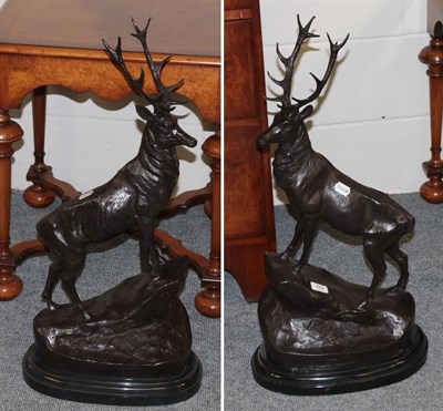 Lot 422 - After J Moigniez: A Pair of Bronze Figures of Stags, standing on rocky bases, signed J...