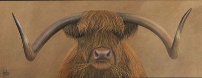 Lot 1009 - Jonathan Truss (b.1960) ''Highlander'' Signed, inscribed verso, oil on canvas, 39cm by 99cm...