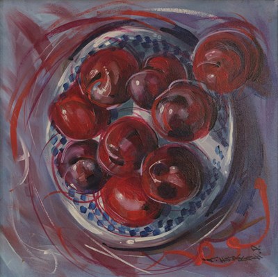 Lot 1018 - Anne Farrall (Contemporary) Bowl of Cherries Signed, oil on board, 25cm by 25cm   Artist's...