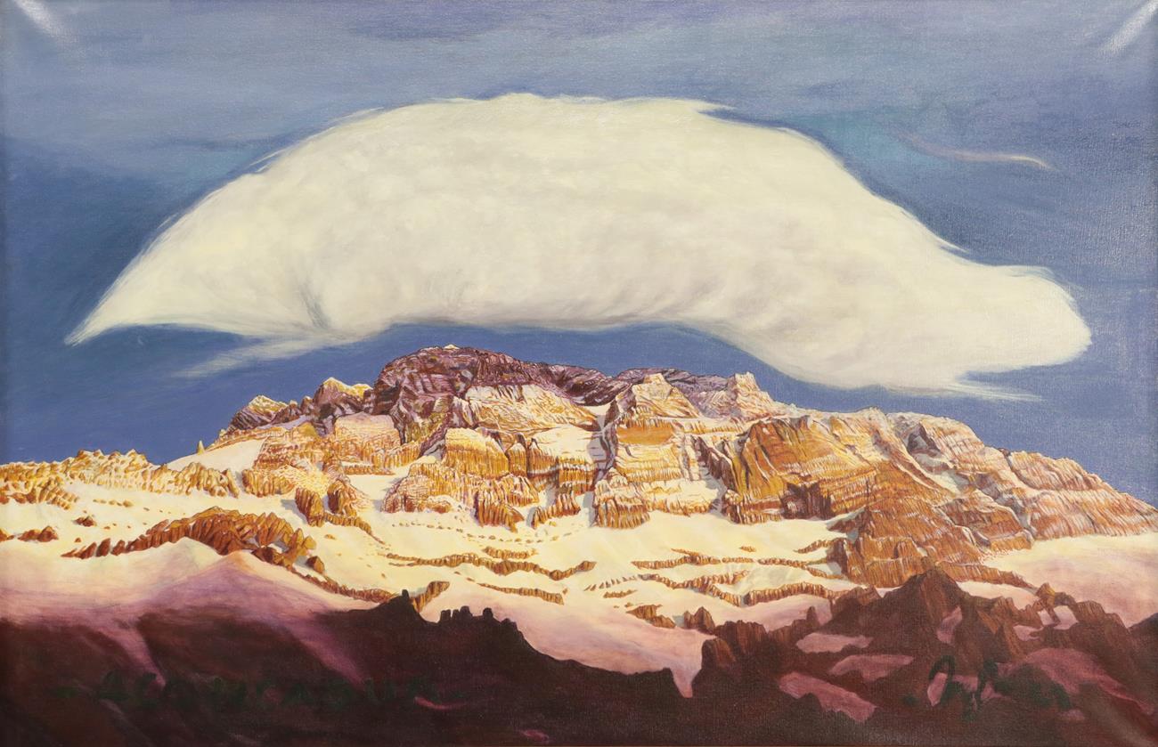Lot 1031 - Miguel Doura (b.1962) Argentine  ''Aconcagua''  Signed and inscribed, oil on canvas, 76cm by 118cm