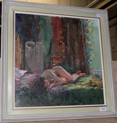 Lot 1035 - Bob Brown NEAC (b.1936) Reclining nude Signed and dated (19)93, oil on canvas, 50cm by 50cm...