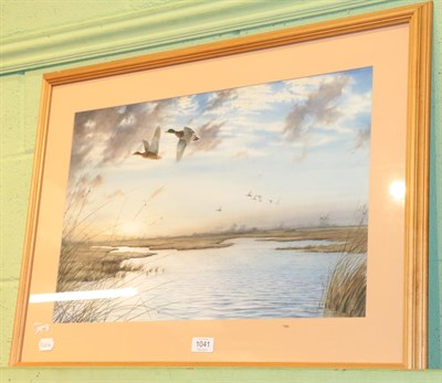 Lot 1041 - O.Williams, Ducks in flight over a pond, signed, watercolour