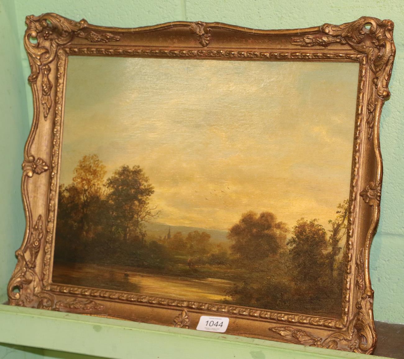 Lot 1044 - George B Walmersly (19th century) Rural landscape with figures and distant church spire,...