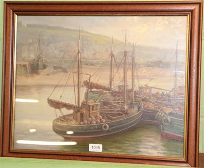Lot 1045 - Albert Jackson, Scotch fishing boats, Whitby Harbour, signed, oil on board, 39cm by 49cm