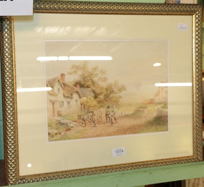 Lot 1074 - Bernard Foster (19th century) Cottage scene with figures and a donkey and cart, signed,...