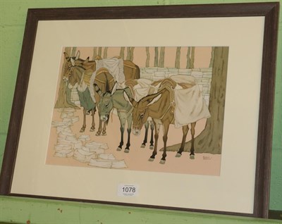 Lot 1078 - Rosalind Baldwin (Contemporary) Four donkeys, signed, gouache, 23cm by 32cm