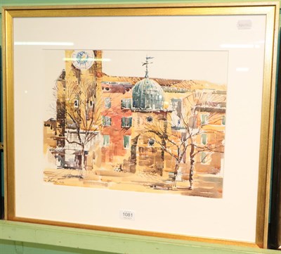 Lot 1081 - Stephen Kite (Contemporary) Venetian street scene with church, signed watercolour, 31.5cm by 42.5cm
