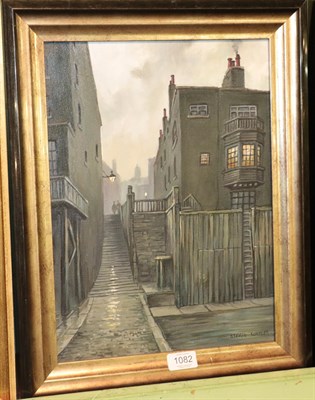 Lot 1082 - Steven Scholes (b.1952), ''Alderman Stairs, St Katherines Dock London 1962'', signed, oil on...