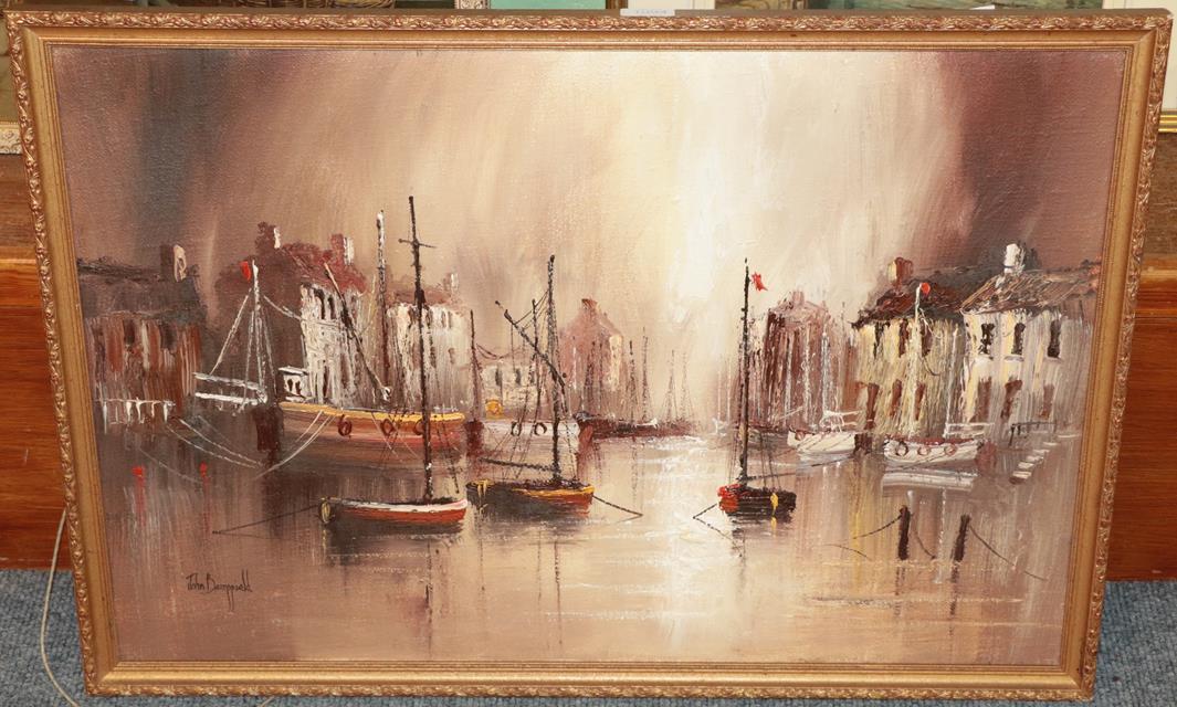 Lot 1094 - John Bampfield (b.1947), Moonlight Harbour Scene, signed, oil on canvas, 50cm by 70cm
