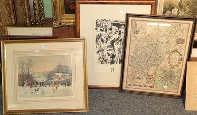 Lot 1099 - After Helen Bradley, Figures on a snowy street, signed print, together with a decorative print...