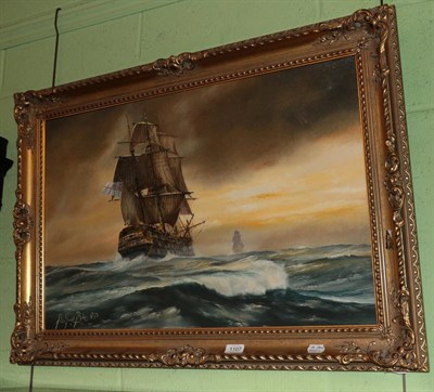 Lot 1107 - Peter Gerald Baker, HMS victory on the high sea, oil on canvas, signed and dated (19)79