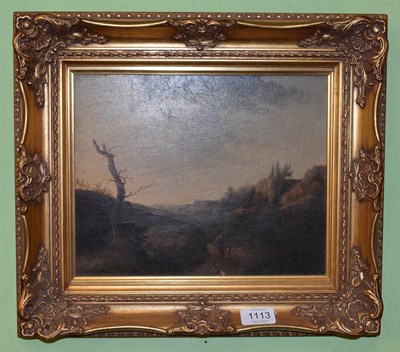 Lot 1113 - French School (early 19th century) Figures walking down a path in countryside, oil on board,...
