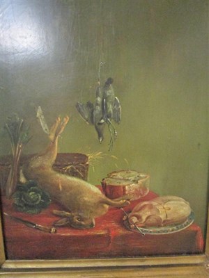 Lot 1114 - English School (19th Century) Still life of dead game on a draped table top, oil on oak panel,...