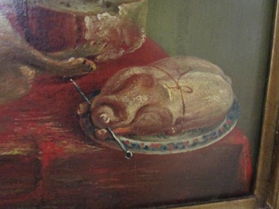 Lot 1114 - English School (19th Century) Still life of dead game on a draped table top, oil on oak panel,...