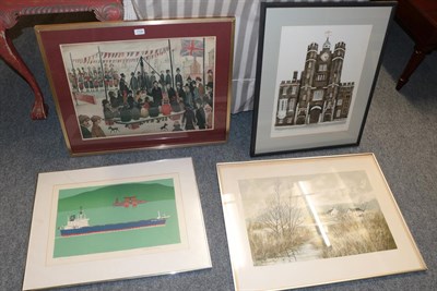 Lot 1126 - Four large modern prints, comprising of one after Lowry and three signed examples by David...