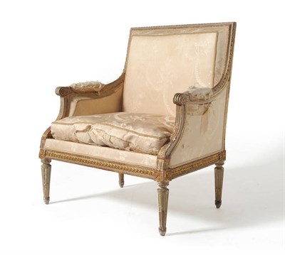 Lot 1355 - A Louis XVI Grey Painted and Parcel Gilt Small Marquise, signed by Henry Jacob, upholstered in worn